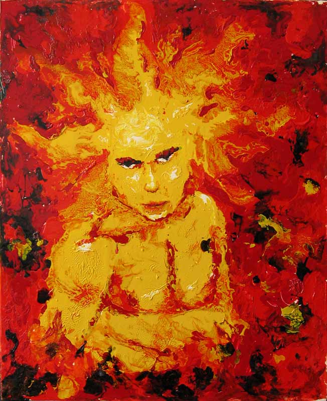 2 Portraits, painting; sun, fire, man